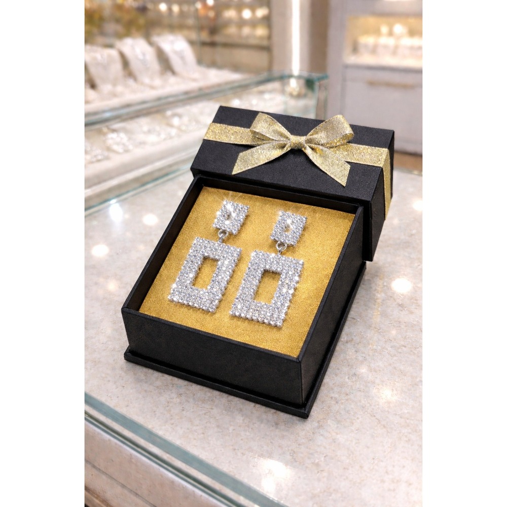 Silver Rhinestone Geometric Drop Earrings Open Rectangle Pave Crystal Statement